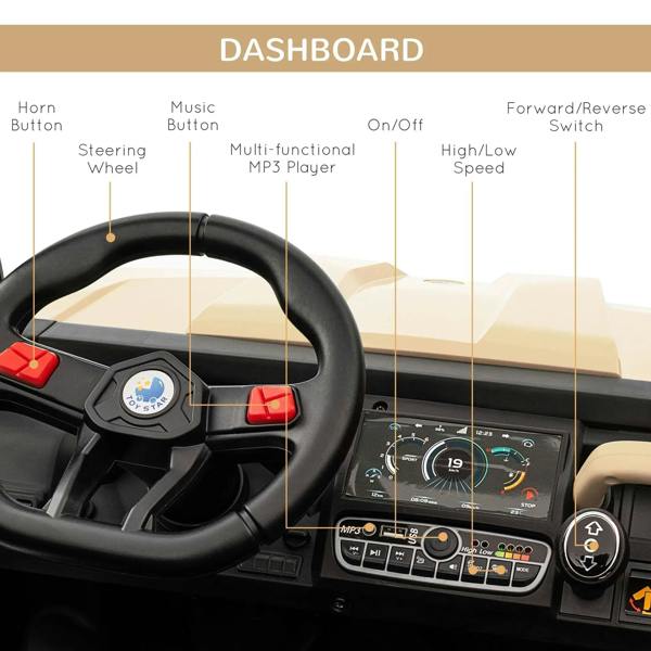 Ride-on car dashboard with steering wheel controls, MP3 music, and forward/reverse switch