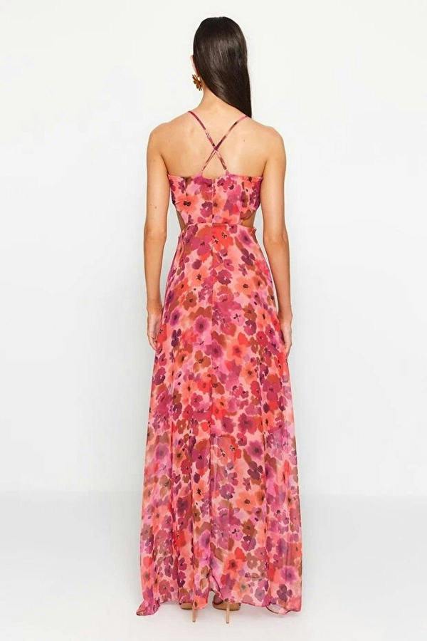 WOVCOR A-Line Lined Maxi Dress with Waist Detail and Floral Pattern