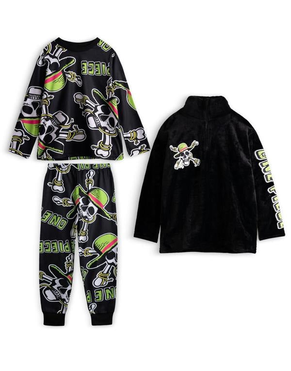 Vanilla Underground One Piece Boys Black Skulls Long Sleeve Long Leg Pyjama and Jumper 3 Piece Set