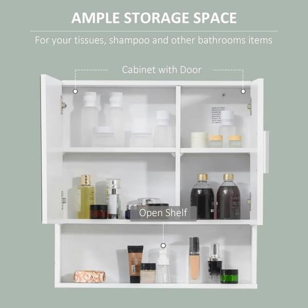 White bathroom mirror cabinet interior with open shelves and multiple compartments