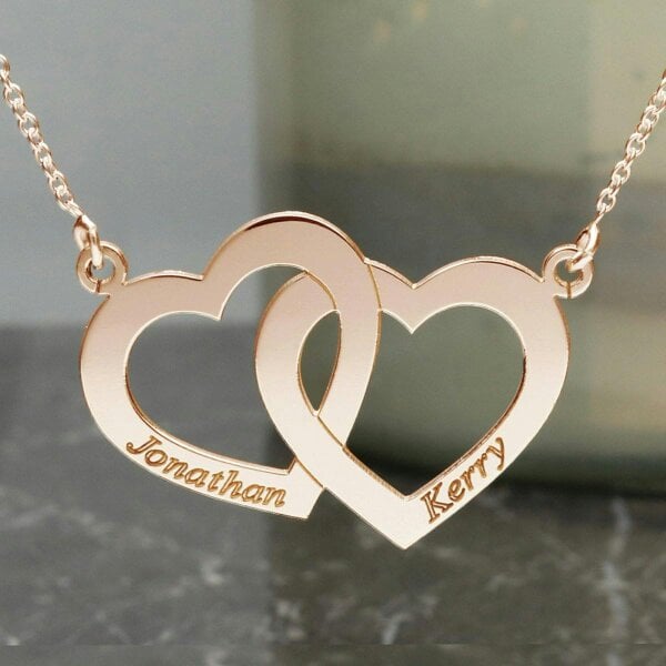 Christopher James of London 9ct Rose Gold Plated Engraved Horizontal Double Heart Pendant With Chain