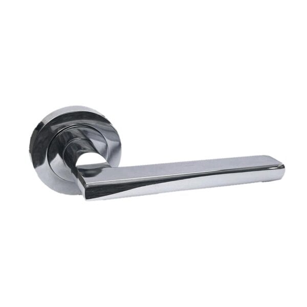 EDH Door Hardware Polished Chrome Modern Lever on Round Rose Door Handles – Handle Only or Handle + Tubular Latch