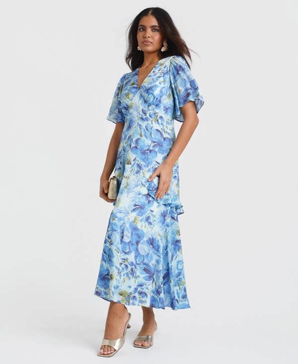 Ruffle Blue Florals Midi Dress