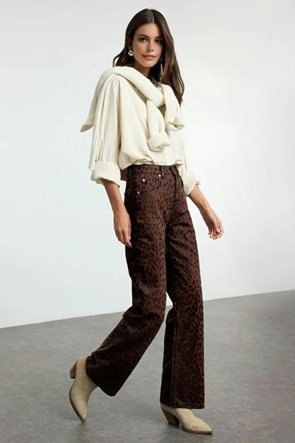 WOVCOR Suede Look Leopard Print High Waist Wide Leg Jeans
