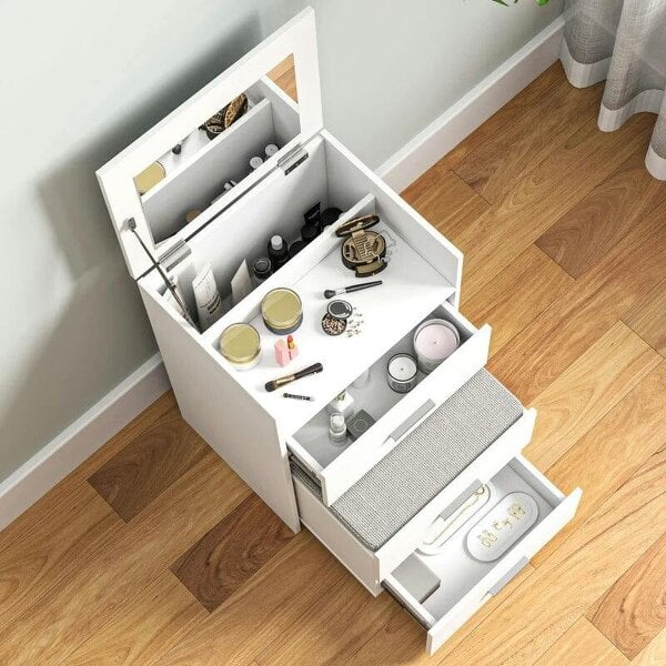 Vanity Desk with Mirror, Modern Dressing Table and Stool w/2 Drawers, Wheels, Flip-Up Mirror, Shelf, White