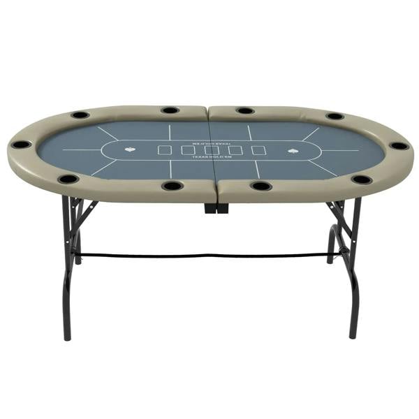 Round folding poker table with blue felt, beige rails, black folding legs, cup holder holes