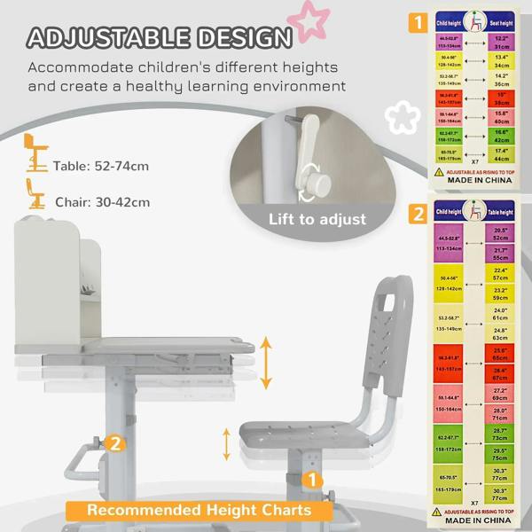Grey height-adjustable kids chair and desk with lift-to-adjust design