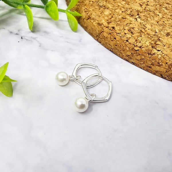 Unique Misshapen Sterling Silver Hoop Earrings with Synthetic Pearl Charm