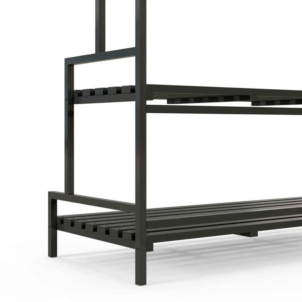 Black 3-tier plant rack side view with sturdy legs and slatted shelves