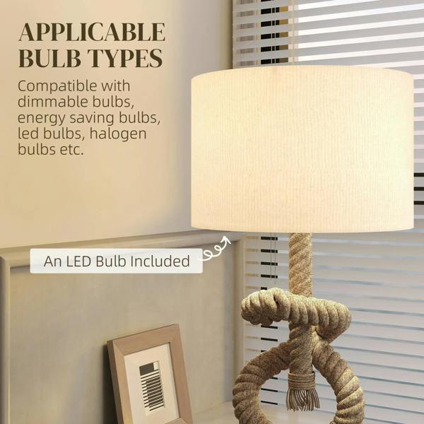 Cream fabric lampshade hemp rope table lamp, compact view with base
