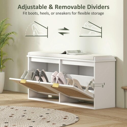 Wyld Haus Hano Wooden White Boho Style Shoe Bench With Cushioned Seat And 2 Flip Drawers
