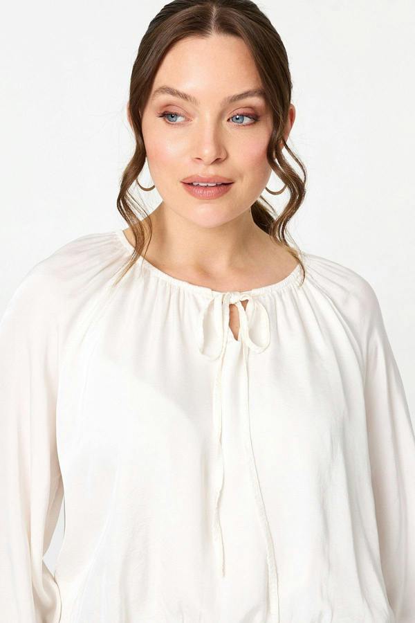 Cream | Tie Front Long Sleeve Bubble Hem Blouse