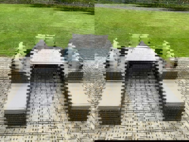 Fimous 8 Seater Dark Grey Mixed Rattan Outdoor Lounge Set - Oblong/Rectangular Dining Table & Loveseat Sofa