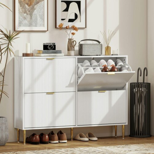 Wyld Haus Rokake Wooden White Elegant 4 Drawer Shoe Cabinet Ribbed Design