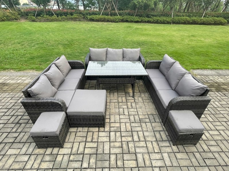 Fimous Patio Rattan Garden Furniture Set with Oblong Rectangular Dining Table 3 Footstools 12 Seater Outdoor Lounge Sofa Set Dark Grey Mixed