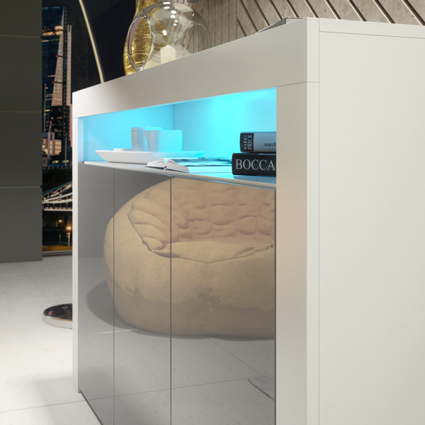 Mex Furniture 155cm Sideboard TV Stand Cupboard Cabinet – Grey High Gloss Doors with Free LED