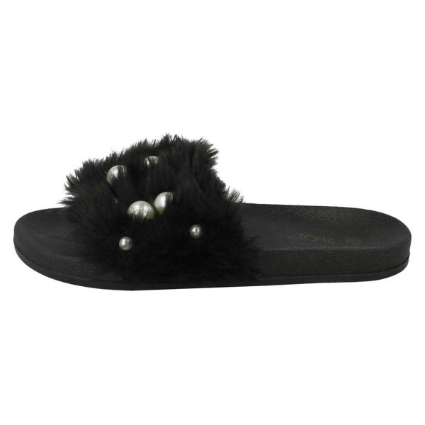 Spot On Ladies Spot On Pearl Trim Faux Fur Slider Style Sandals