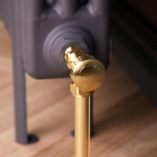 Flode Angled Thermostatic Radiator Valve Pack | 15mm x 1/2" | Brushed Brass