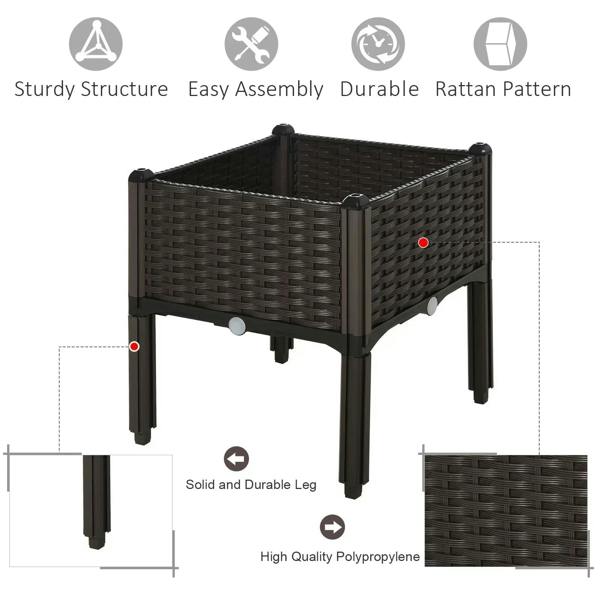 Dark brown raised garden planter box with rattan pattern, thick legs, and side panels