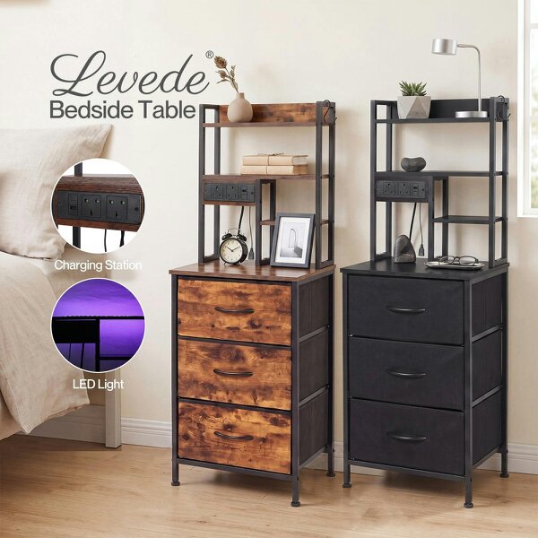 Levede Bedside Table with Charging Station 3 Drawer RGB Light Night Stand