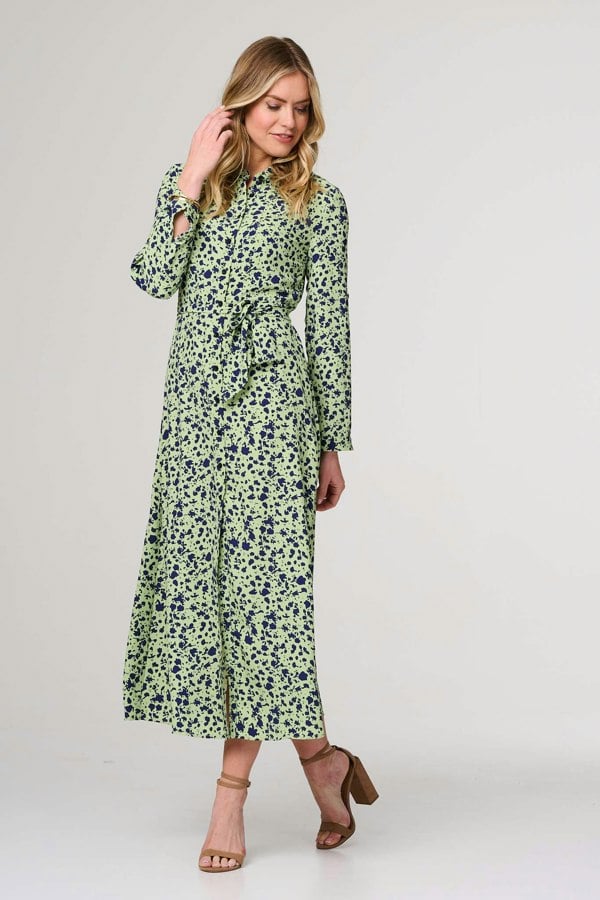 Green | Printed Long Sleeve Midi Shirt Dress
