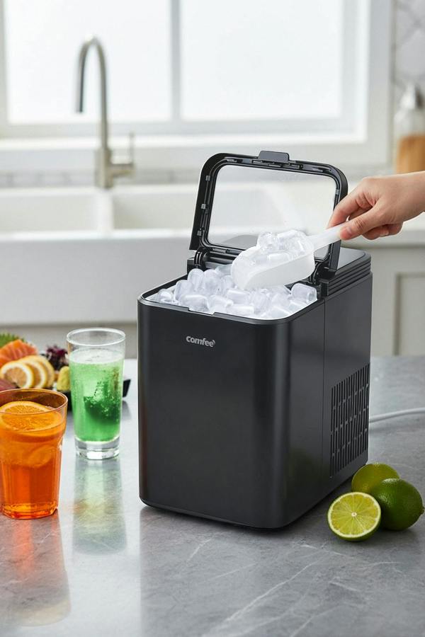 Living and Home Self-Cleaning Ice Maker Machine with 1.3L Water Tank, Ice Scoop & Detachable Basket