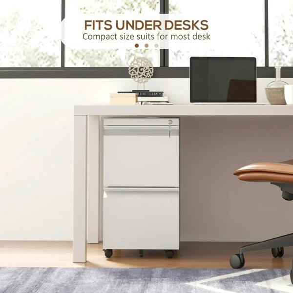 White mobile 2-drawer filing cabinet positioned under a desk on casters
