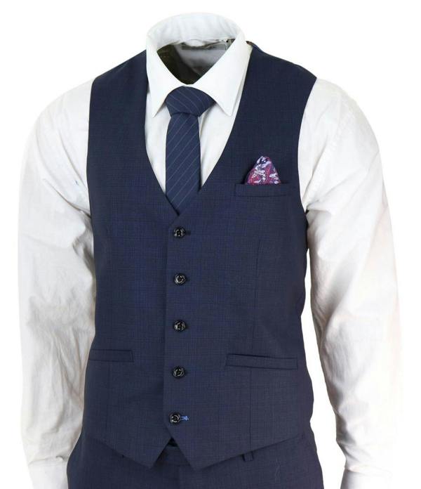 House of Cavani Mens 3 Piece Navy Blue Tailored Fit Retro Classic Suit