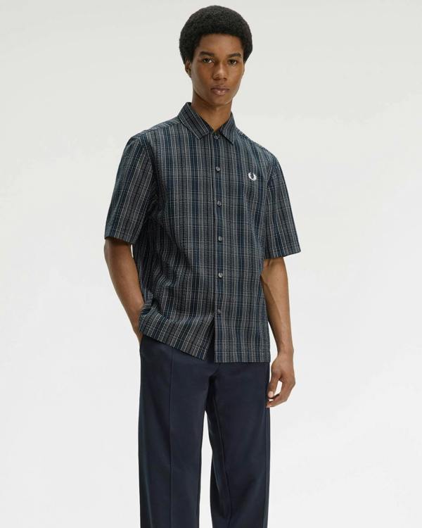 Fred Perry Mens Seersucker Check Shirt - Navy 608 | CHO | Designer Mens Short Sleeve Shirts