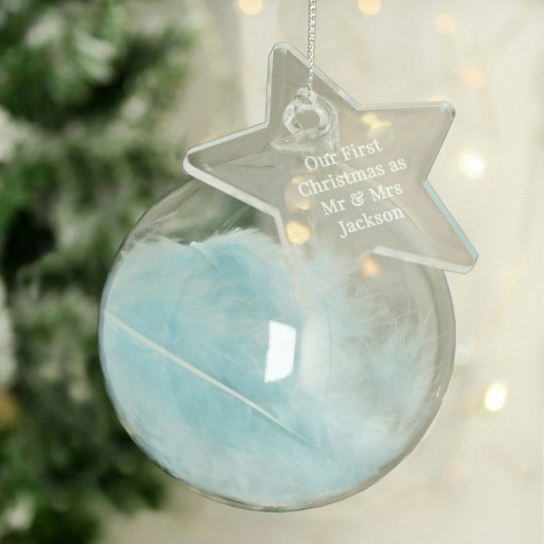 Personalised Memento Company Personalised Free Text Blue Feather Glass Bauble With Star Tag