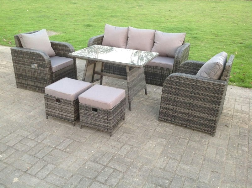 Fimous Dark Grey Mix PE Wicker Rattan Garden Furniture Set Sofa Set Reclining Adjustable Chair 7 Seater With Dining Table