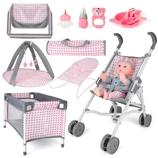 deAO Toys 6-in-1 Baby Doll Playset – Stroller, Doll Bed, Play Mat, Bouncer, Travel Bags & Feeding Accessories, Safe & Durable Gift for Kids 3+