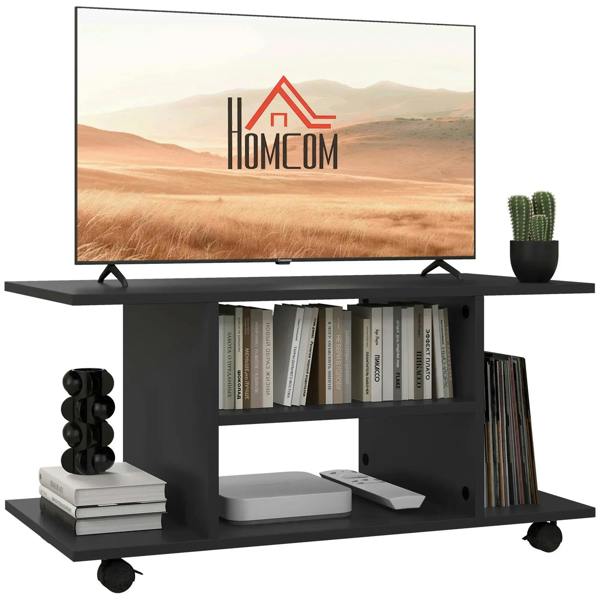 Black TV cabinet stand with open shelves and media storage, on rolling feet