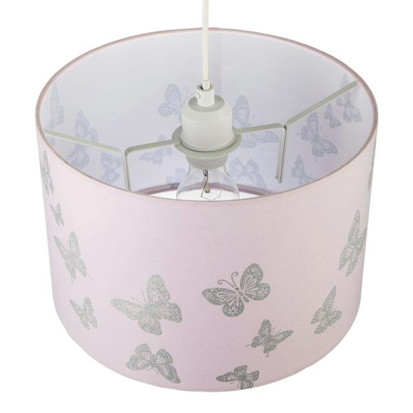 Modern Feminine Soft Pink Lamp Shade with Silver Glitter Butterflies Image 3