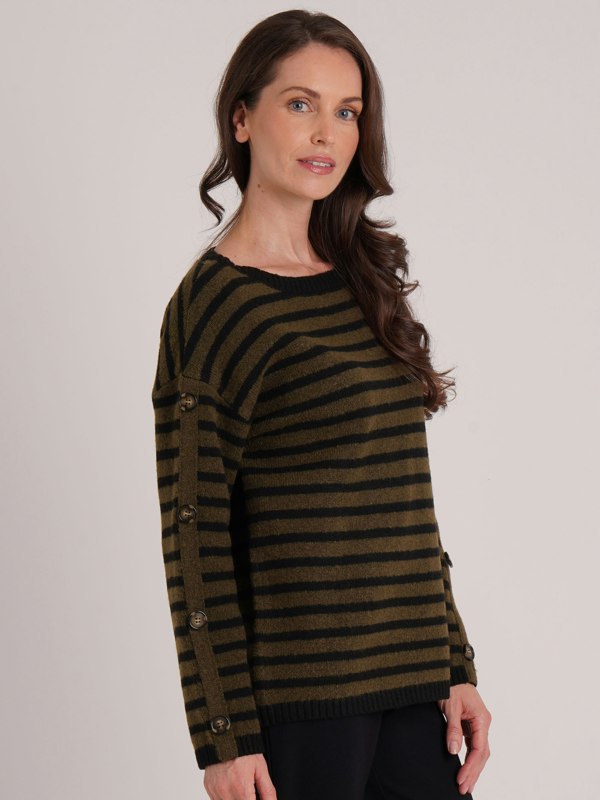 VIZ-A-VIZ Stripe Button Arm Crew Neck Jumper