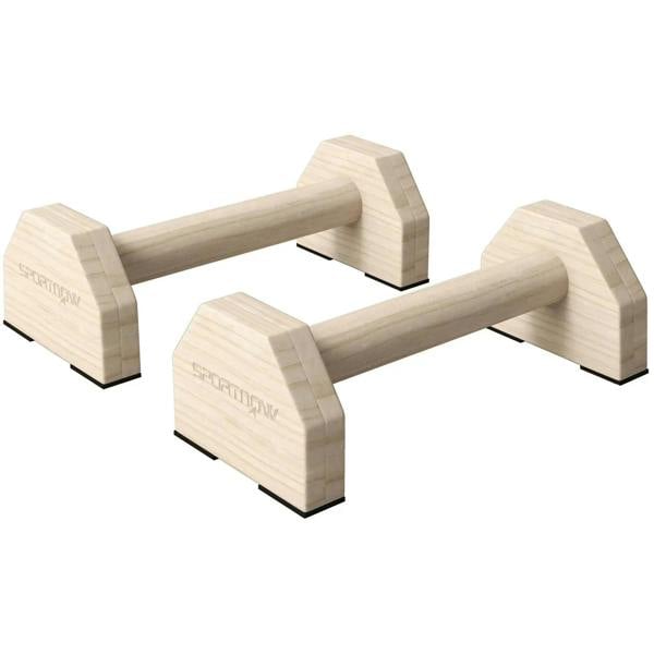 Wooden parallettes push-up bars with non-slip bases, natural light wood