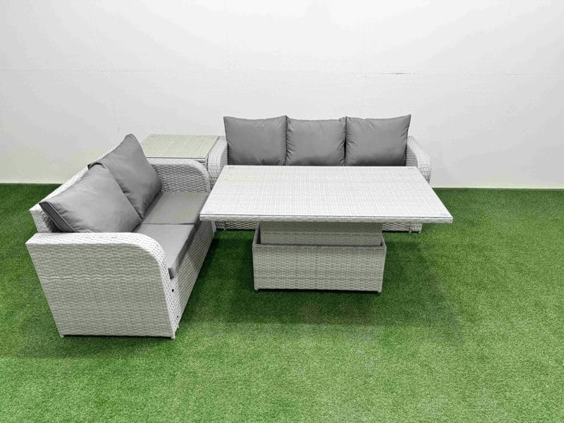 Fimous 5-Seater PE Rattan Outdoor Sofa Set | Adjustable Dining/Coffee Table, 3-Seater Sofa, Loveseat, Side Table