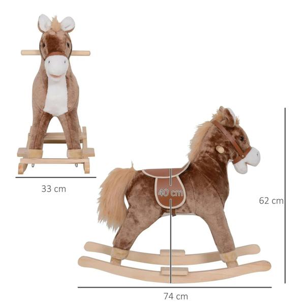 Brown and white plush rocking horse on wooden rocking base with size measurement markers