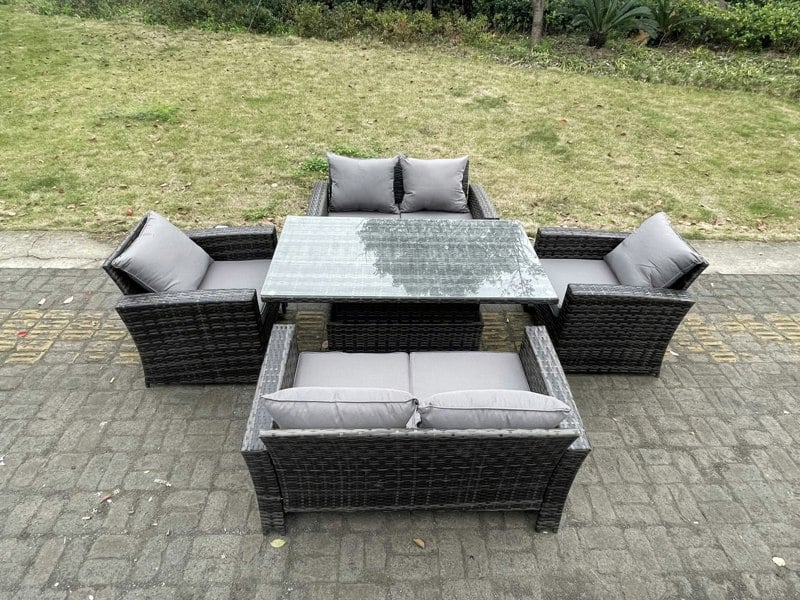 Fimous Rattan Outdoor Furniture Adjustable Rising Lifting Rectangle Dining Table Chairs Two Seater Love Sofa Sets 6 Seater