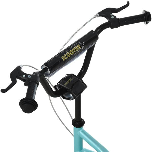 Teal kids kick scooter close-up with black handle grips, front wheel, and deck