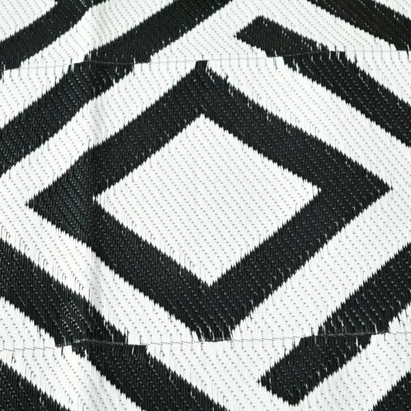 Close-up of black and white outdoor rug mat with textured diamond weave