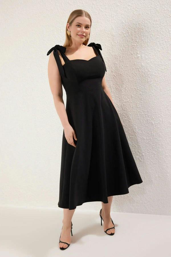WOVCOR A-Line Midi Woven Evening Dresses with Strap Tie Detail