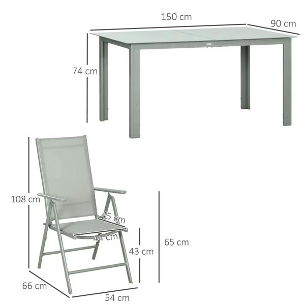 Grey folding reclining garden dining chair and rectangular dining table with size dimensions.