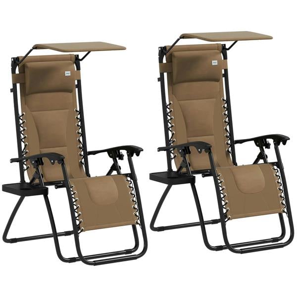 Brown folding reclining patio lounger chair set of 2 with shade cover, cup holder, cushioned headrest