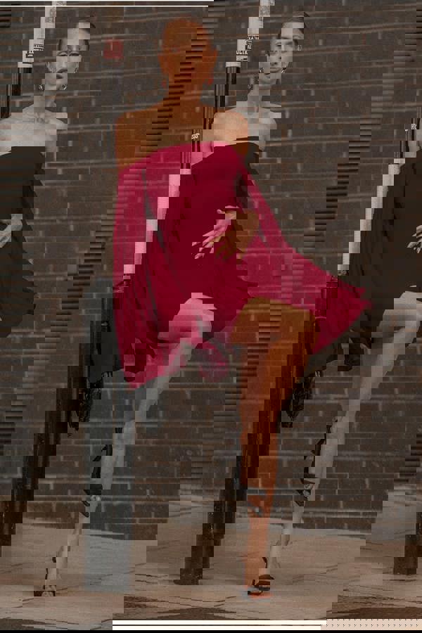 Strapless Mini Dress With Pleated Chiffon Cape - Burgundy DR4789