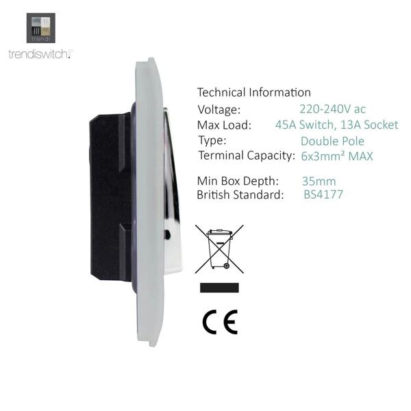 Trendi Switch 45 Amp Cooker Switch & 13 Amp Plug Socket with Neon in Platinum Silver