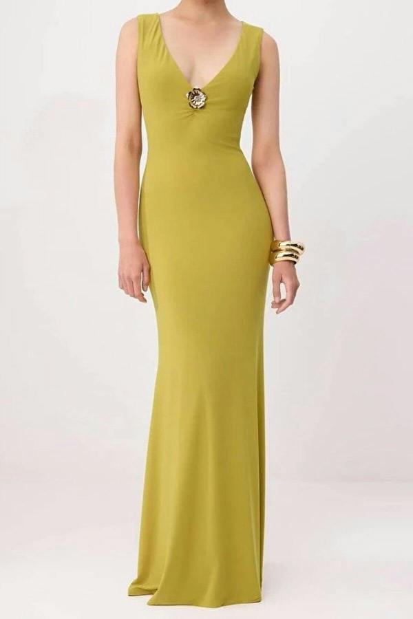 WOVCOR Plain Straight Cut Knitted Maxi Evening Dress with Accessory Details