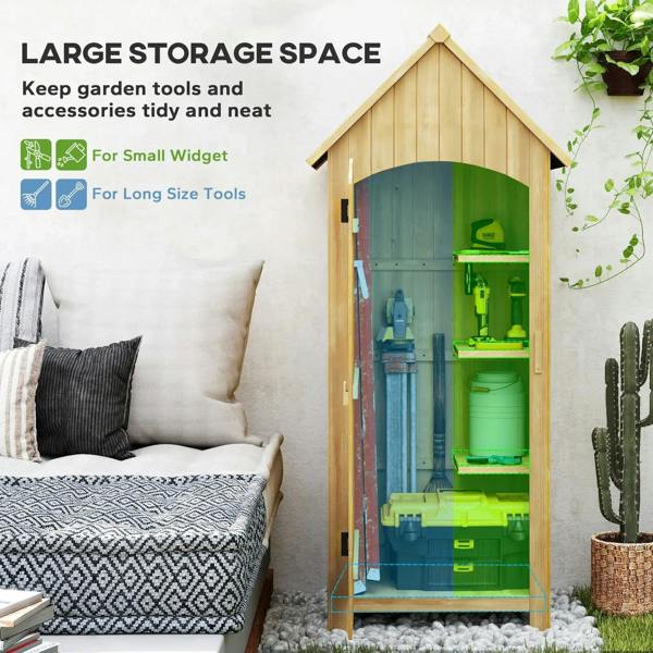 Natural wood storage shed with open door showing shelving for tools and containers