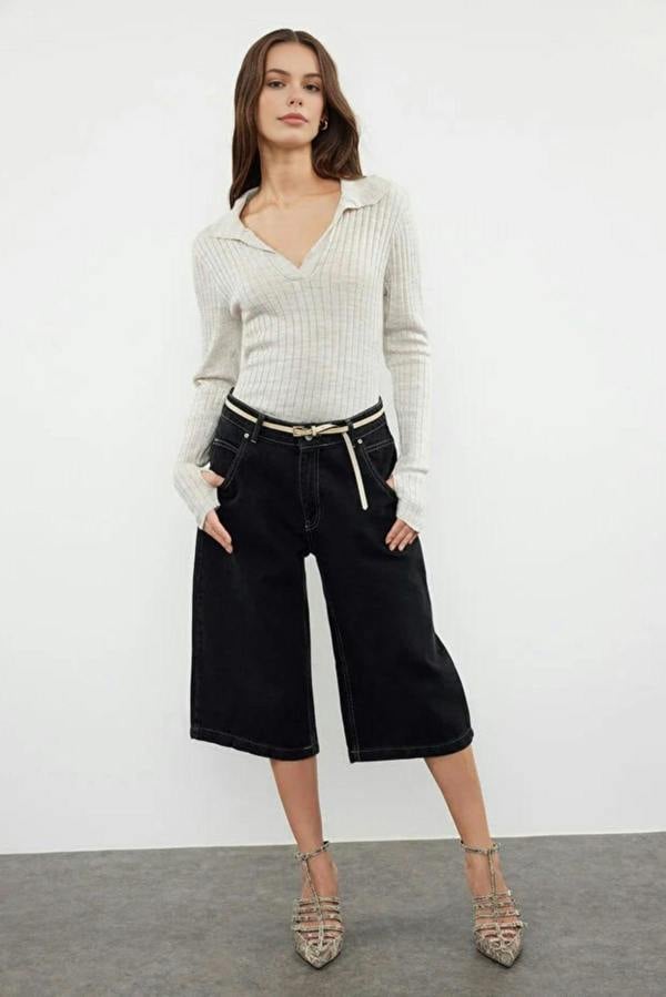 WOVCOR Polo Neck Knit Sweater with Finger Detail