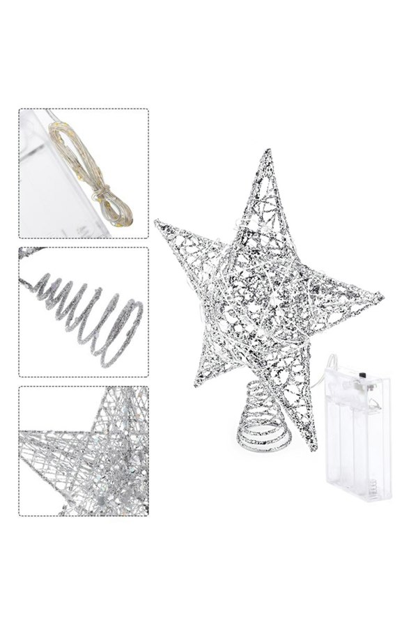 Living and Home 25cm Christmas Tree Topper Silver Glitter Christmas Tree Star with LED Lights